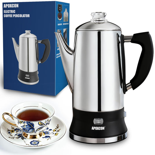 APOXCON Electric Coffee Percolator Stainless Steel Coffee Maker with Glass Knob, No Aluminum No Plastic Contact Classic Coffee Pot with Keep Warm & Cordless Serve (12 Cup)