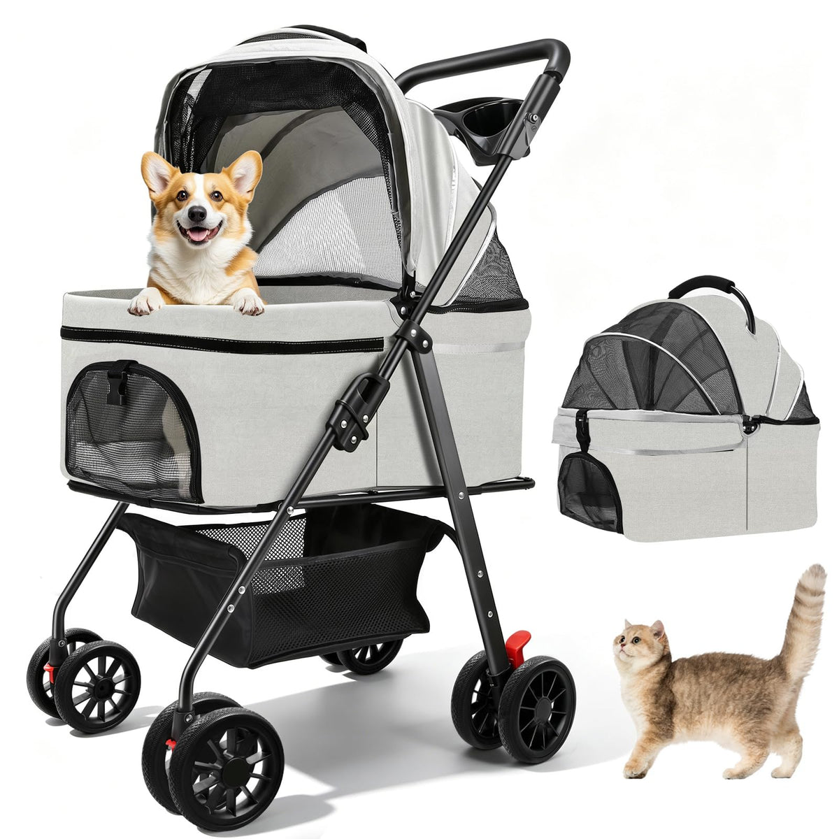 Pet Stroller for Small Dogs and Cats with 4 Wheels, 3 in 1 Foldable Dog Stroller with Detachable Carrier, Breathable Mesh, Storage Basket & Cup Holder, Up to 33 lbs
