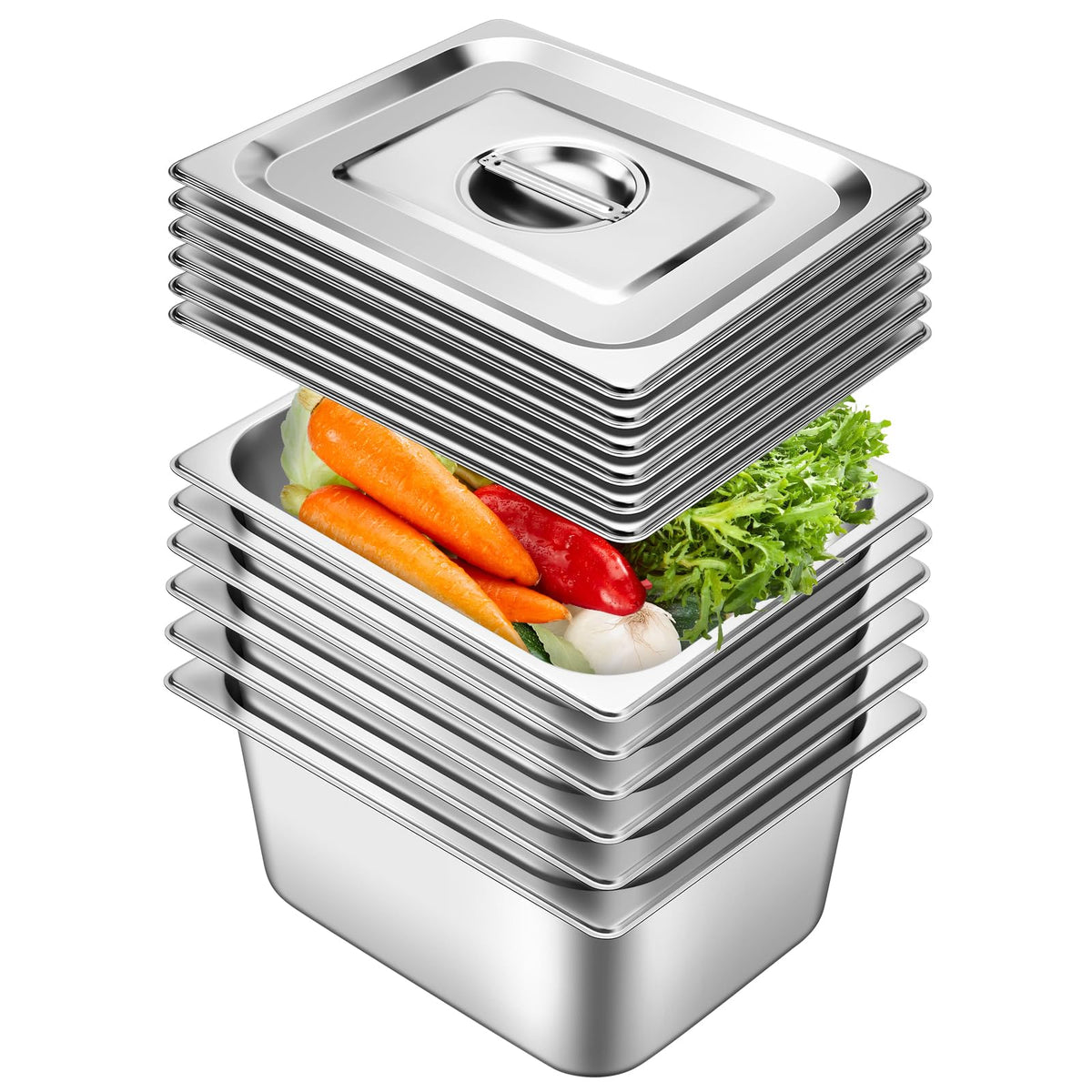 Hotel Pans with Lids 1/2 Half Size 6 Inch Stainless Steel Steam Table Pan Stainless Steel, 1/2 Size, 6 Pack, 9.5 Quart, Food Prep/Serving, Catering Buffet Display Food Pans, Restaurant Supplies