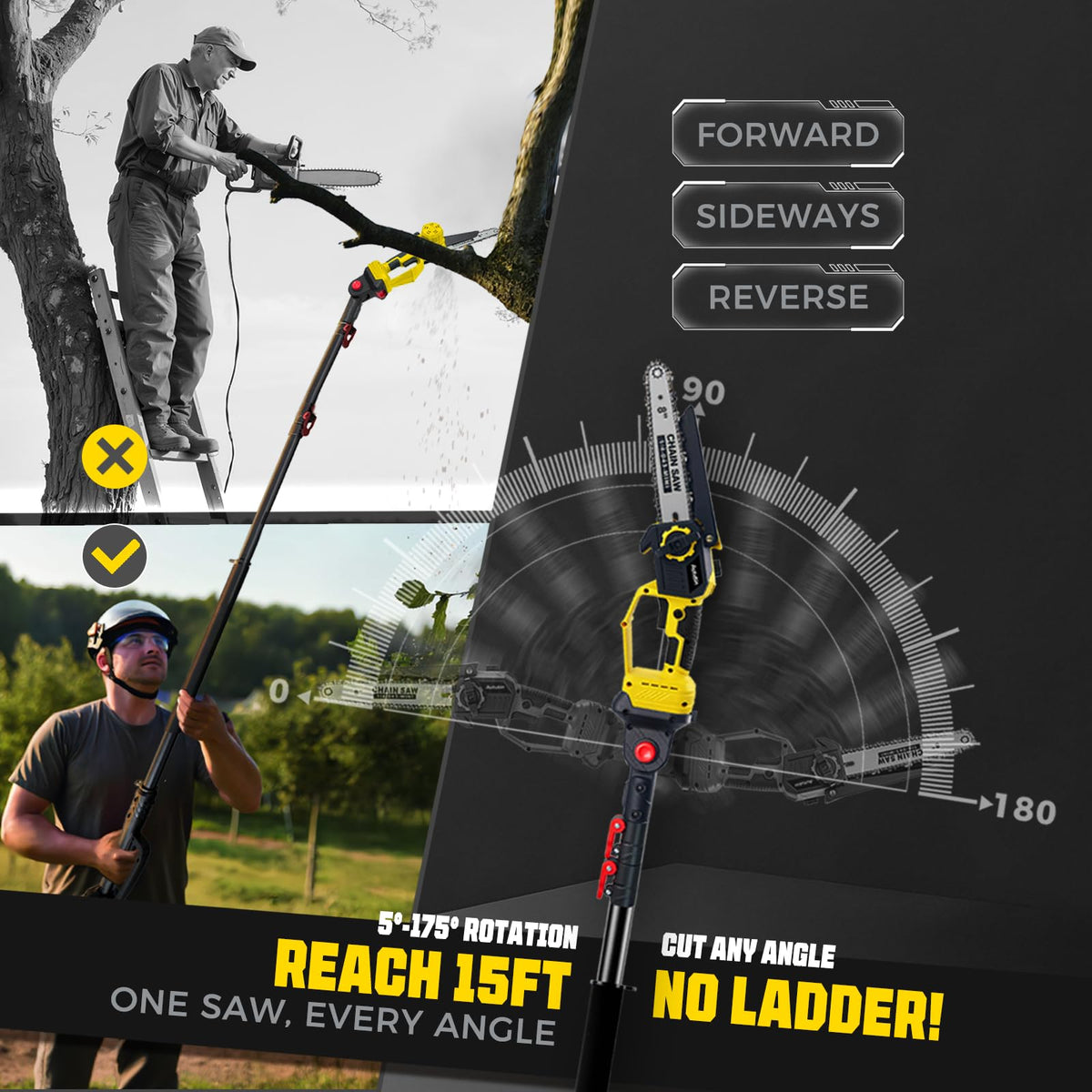 Brushless 2-IN-1 Cordless Pole Saw & Mini Chainsaw, 8 Inch Max Reach 16 Ft 2× 21V 4.0Ah Battery, Electric Pole Saw for Tree Trimming, Pole Saw Battery Powered for Branch Cutting