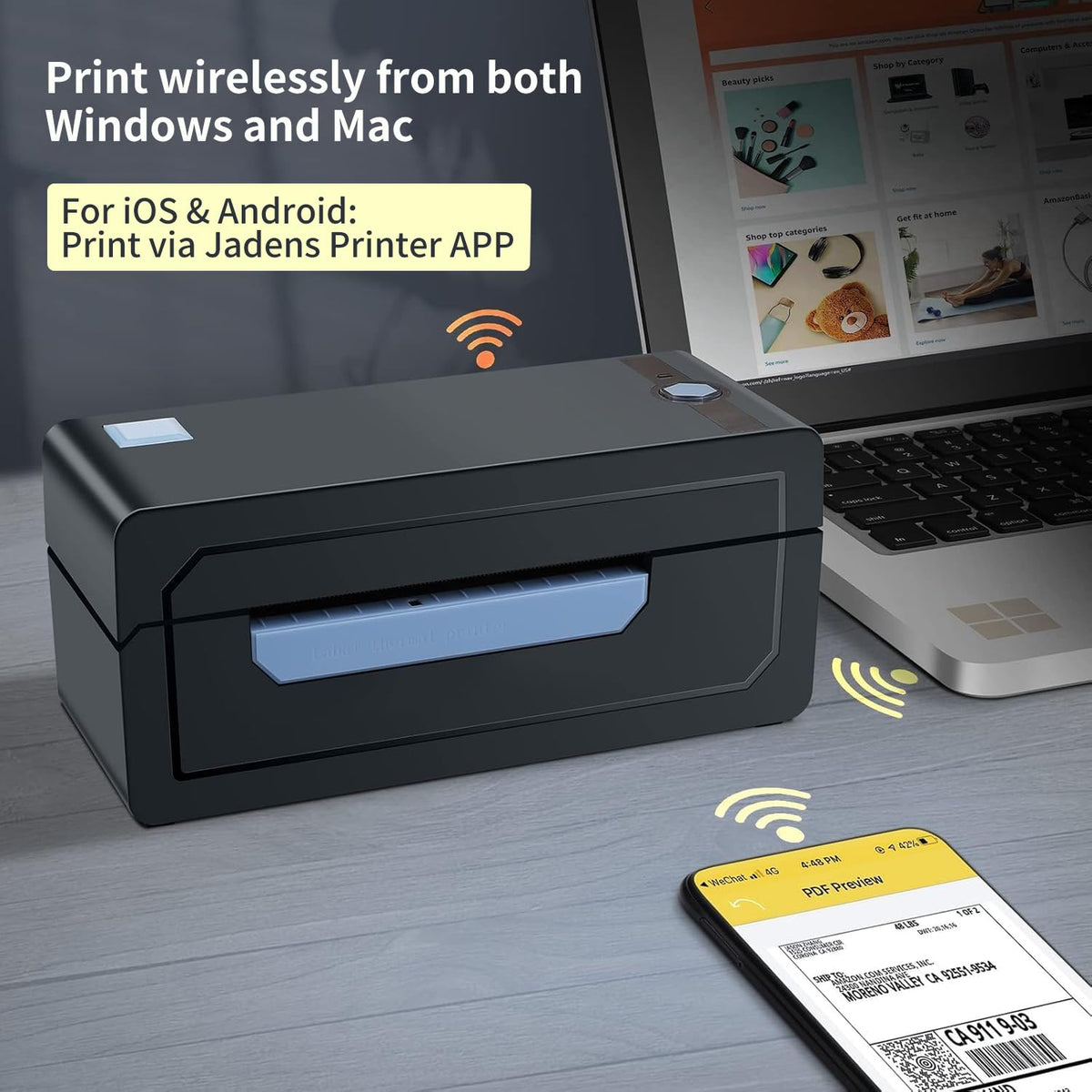 JADENS Bluetooth Thermal Shipping Label Printer, Wireless 4x6 Label Printer Compatible with Android, iPhone, Windows & Mac, Widely Used for, Amazon, Shopify, Etsy, USPS(Blue)
