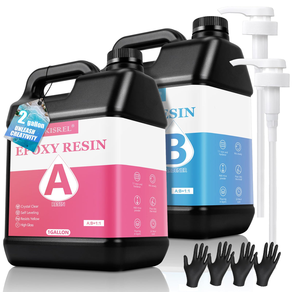 KISREL Epoxy Resin Kit 2 Gallon, Crystal Clear No Yellowing No Bubble Resin Casting Resin for Art Crafts, Jewelry Making, Wood & Resin Molds, Easy to Mix, Self-leveling