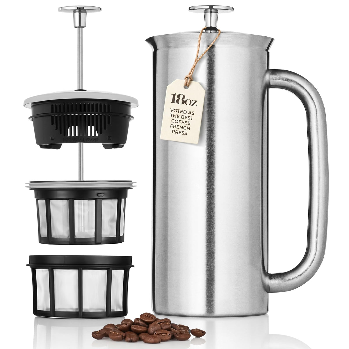 ESPRO P7 French Press, 18oz, Brushed, Stainless Steel Coffee Maker Double Filter Coffee Press, Grit-Free Coffee, Heat Resistant Insulated tea Press, Easy Hot and Cold Coffee Brewer, Tea Brewer