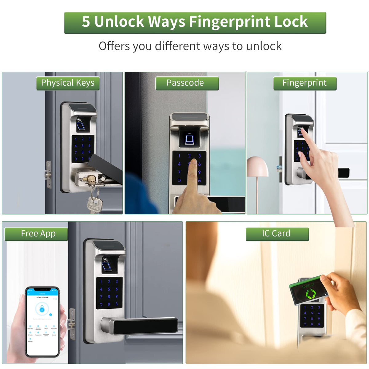 Smart Door Lock, Heavy Duty 5 in 1 Keyless Entry Door Lock, Full App Digital Keypad Lock, Reversible Handle with Fingerprints and Passcodes for Family/Office/Apartment (Satin Nickel)