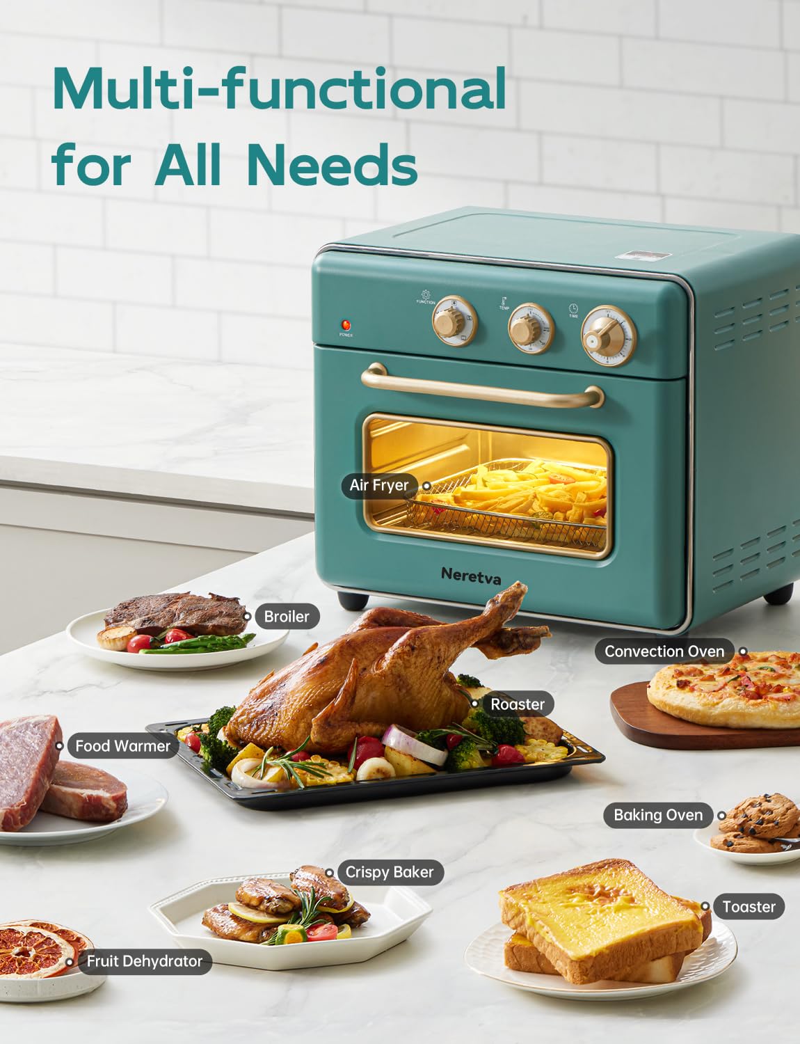 Neretva 21 QT Capacity and 6-in-1 Multifunctional Toaster Oven & Air Fryer Compact Toaster Ovens Countertop, 1500W Rapid Heat and All Stainless Steel Use for Bake/ Toast/ Broil/ Air Fryer/ Defrost