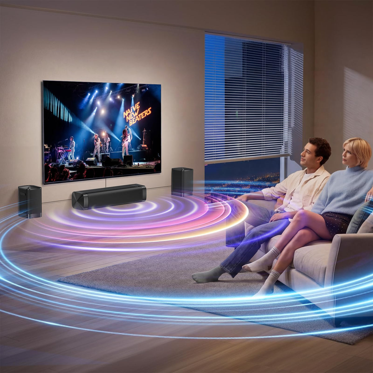 Dolby Digital Plus Sound Bar for Smart TV, 110W Home Theater Soundbar Support Dolby Digital Plus, Wireless&Wired Connect, Adjustable Bass, 3 EQ modes, 4 Setups