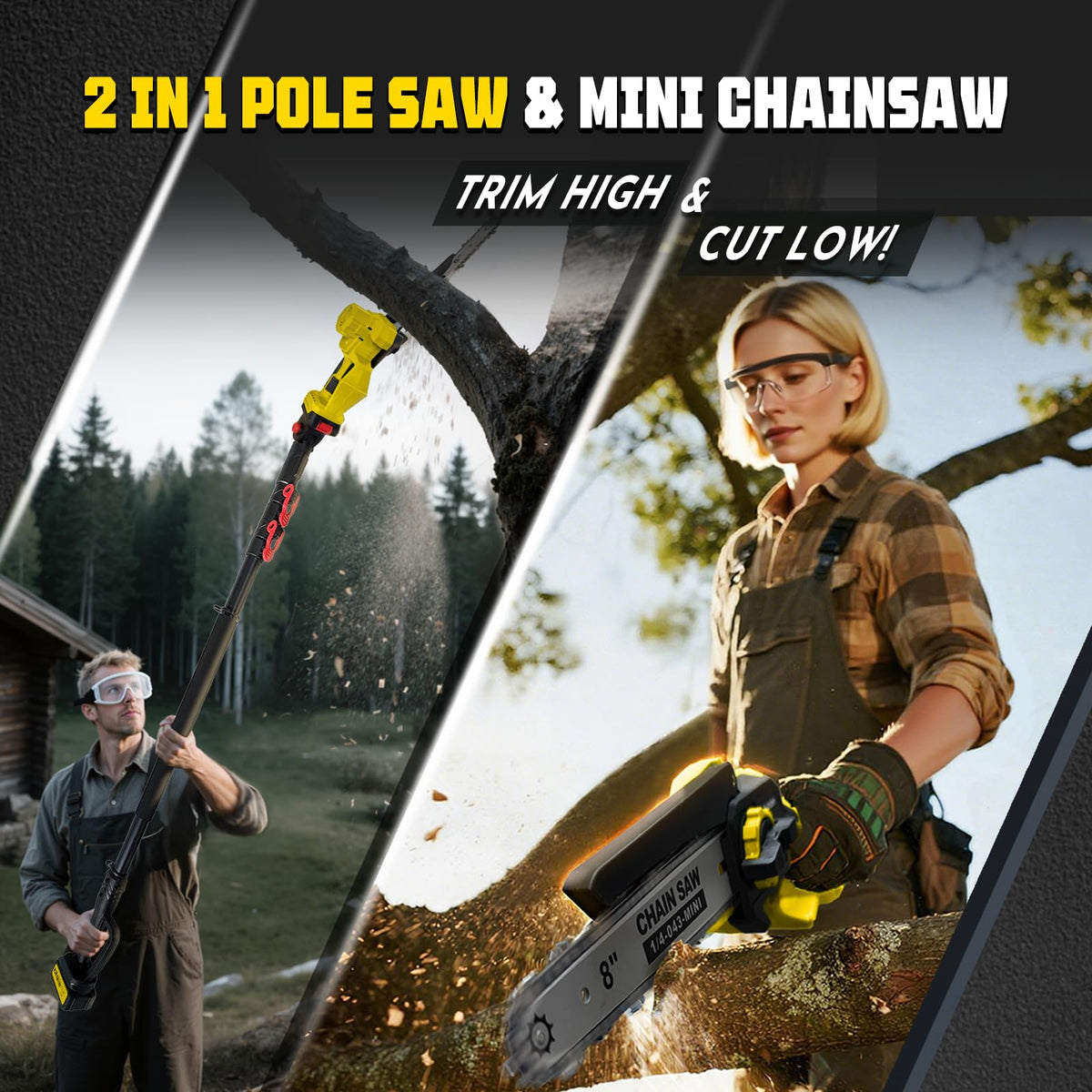 Brushless 2-IN-1 Cordless Pole Saw & Mini Chainsaw, 8 Inch Max Reach 16 Ft 2× 21V 4.0Ah Battery, Electric Pole Saw for Tree Trimming, Pole Saw Battery Powered for Branch Cutting