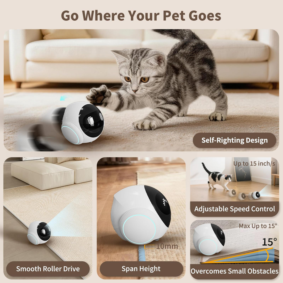 Small 1080P Mobile Pet Robot Camera with App Control, White Smart Home Companion Camera, Auto Tracking, Two-Way Audio, Night Vision, Auto-Recharge, Long Distance Gift for Family