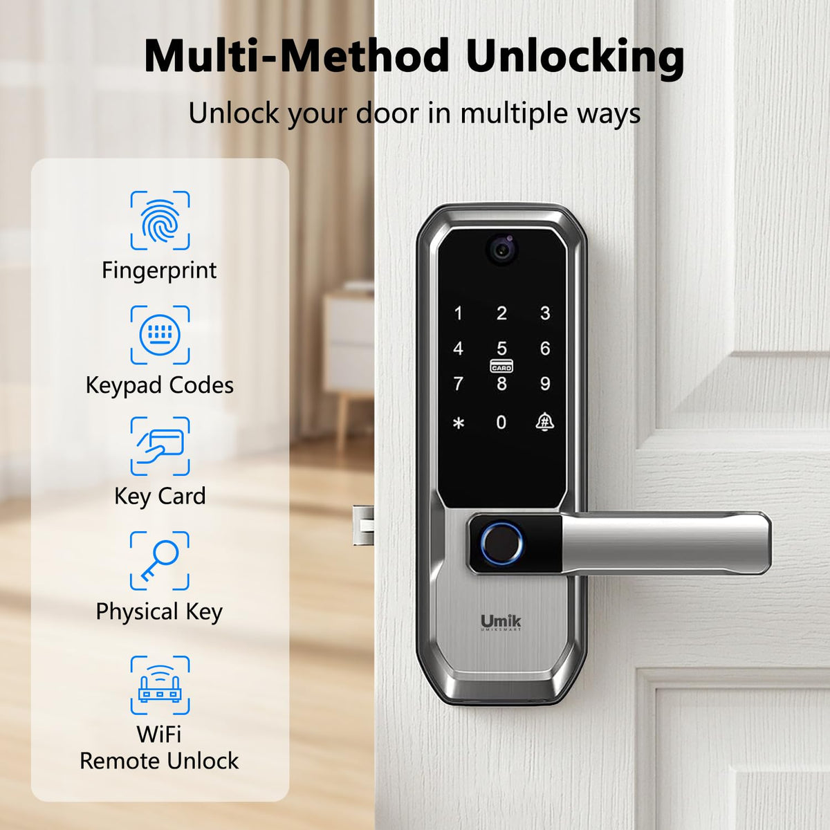 UMIKSMART WiFi Smart Door Lock with Camera, Fingerprint Keypad, App Control Reversible Handle Design Fingerprint, PIN and IC card access with HD camera and remote control