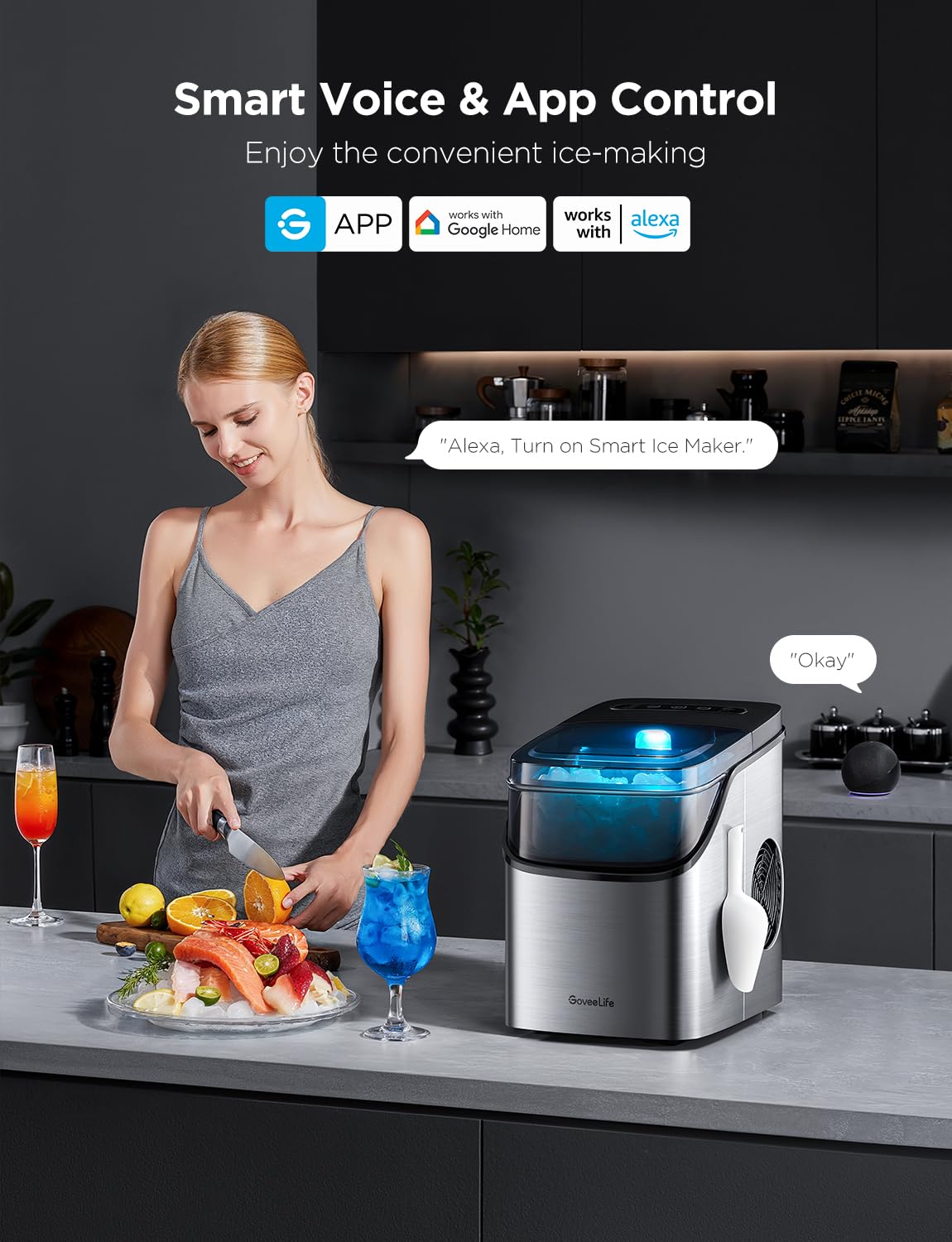 GoveeLife Smart Ice Maker, 9 Ice Cubes in 6 Mins 3 Sizes, 26lbs/Day, Silver Countertop Ice Maker with App & Voice Control, Self Cleaning, RGB Lights, Portable Ice Machine with Scoop for Kitchen, Party