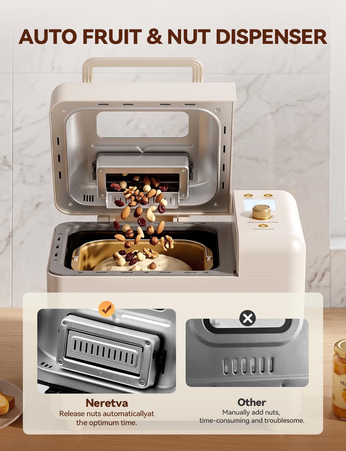 Neretva 2.2LB 15-in-1 Bread Machine with Dual Heater and Auto Nut Dispenser Nonstick Ceramic Pan Bread Maker Machine, Low Noise Breadmaker, 15H Timer & 1H Keep Warm Set for Gluten Free/Sourdough/Yogurt