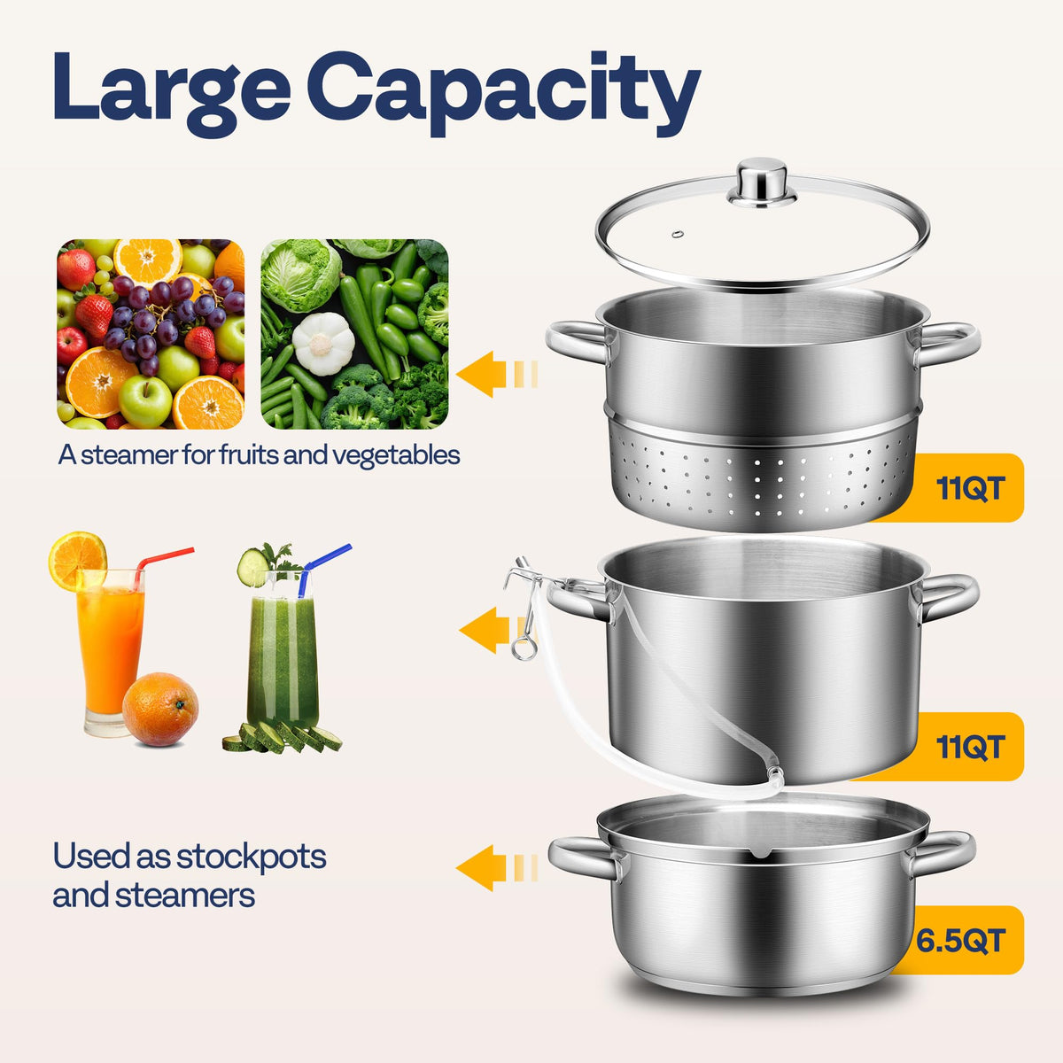 VIVOHOME 11 Qt Stainless Steel Steam Juicer for Canning Fruit & Grape Juice Juice Steamer Extractor Pot with Tempered Glass Lid, 2 Hoses, Clamp, Loop Handles