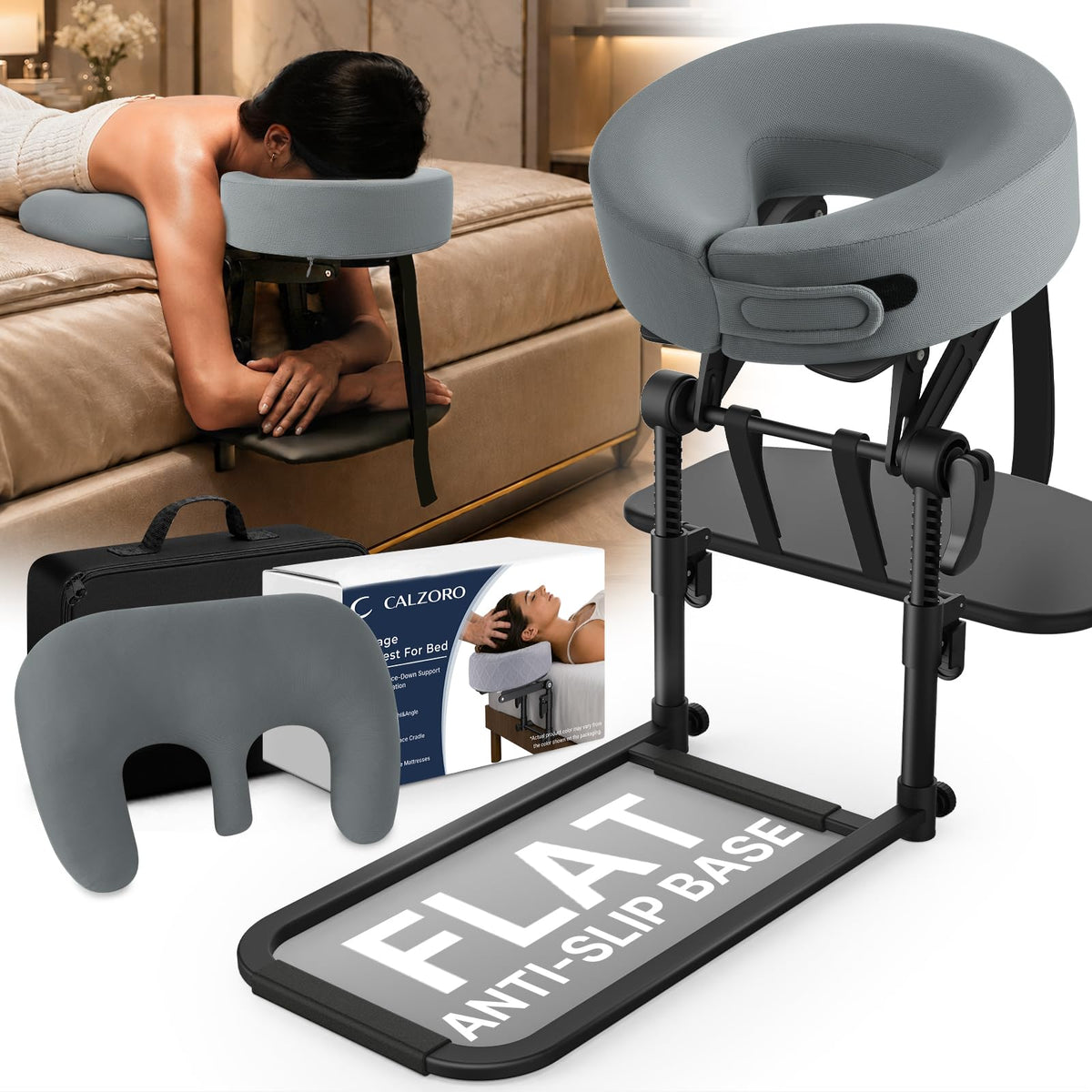 Massage Headrest for Bed with Arm Rest & Chest Cushion for Home Relax Spa Adjustable Height for 6–18" Thick Mattresses, Customizable Face Opening, Ergonomic Contoured Memory Foam, Flat Anti-Slip Base