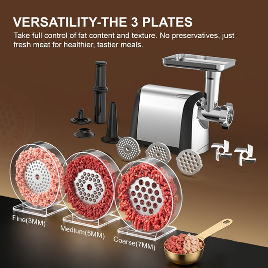 Electric Meat Grinder, 2800W Max 3-IN-1 Heavy Duty Sausage Stuffer with Sausage tube & Kubbe Kit, 3 Grinding Plates 2 Blades for Home Kitchen & Small Commercial Use, Stainless Steel