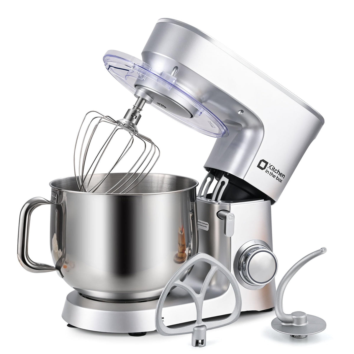 Kitchen in the box Stand Mixer 8.5 QT, 900 Watt Heavy Dough Mixer Silver 10 Speed Adjustable, 8.5 Quart Mixing Bowl with Handle, Tilt-head, Whisk, Flat Beater and Splash Guard