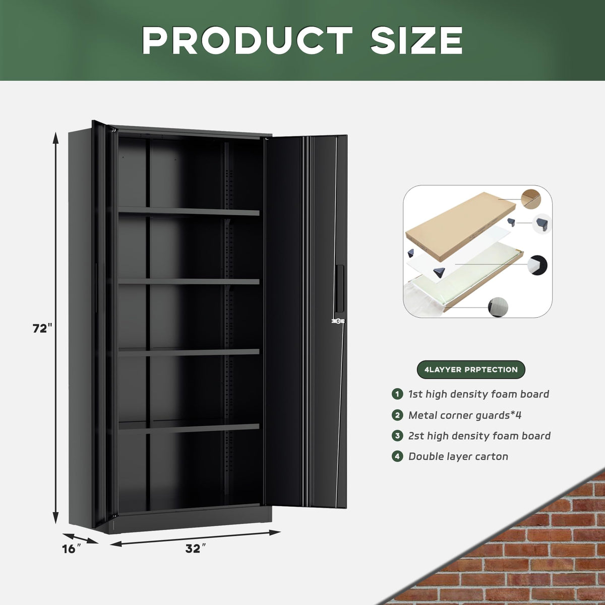 Greenvelly Metal Cabinet, 72” Black Tool Steel Locking Cabinet with Doors and 4 Shelves, Tall Cabinets for Garage Storage Systems Lockable File Cabinet for Home Office, Classroom/Pantry