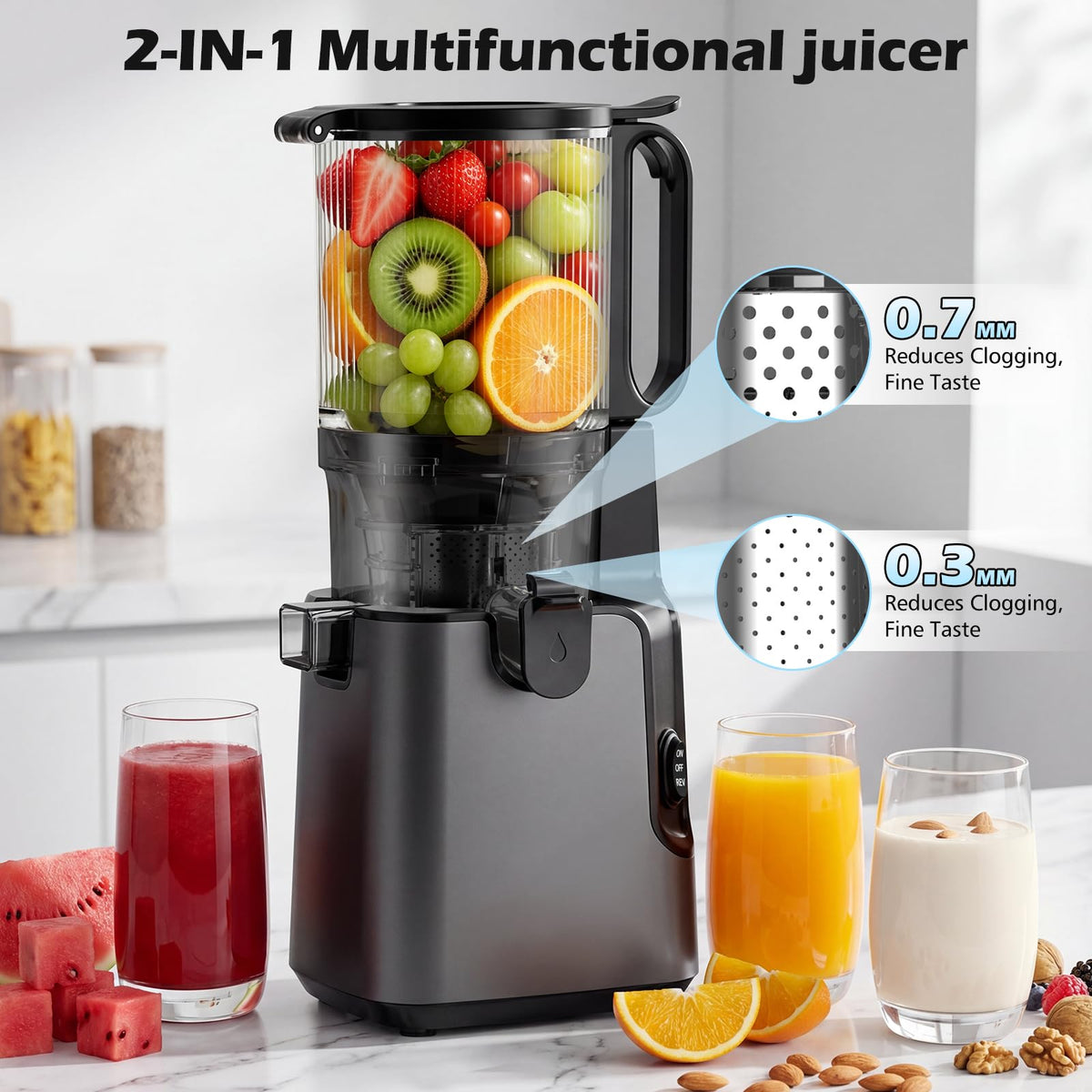 YPONE Juicer Machines 2-in-1 Cold Press Juicer Easy to Clean Titanium gray Making Juice, Nut Milk, 5.8" Large Chute , 400W Power Reverse Function With Pusher