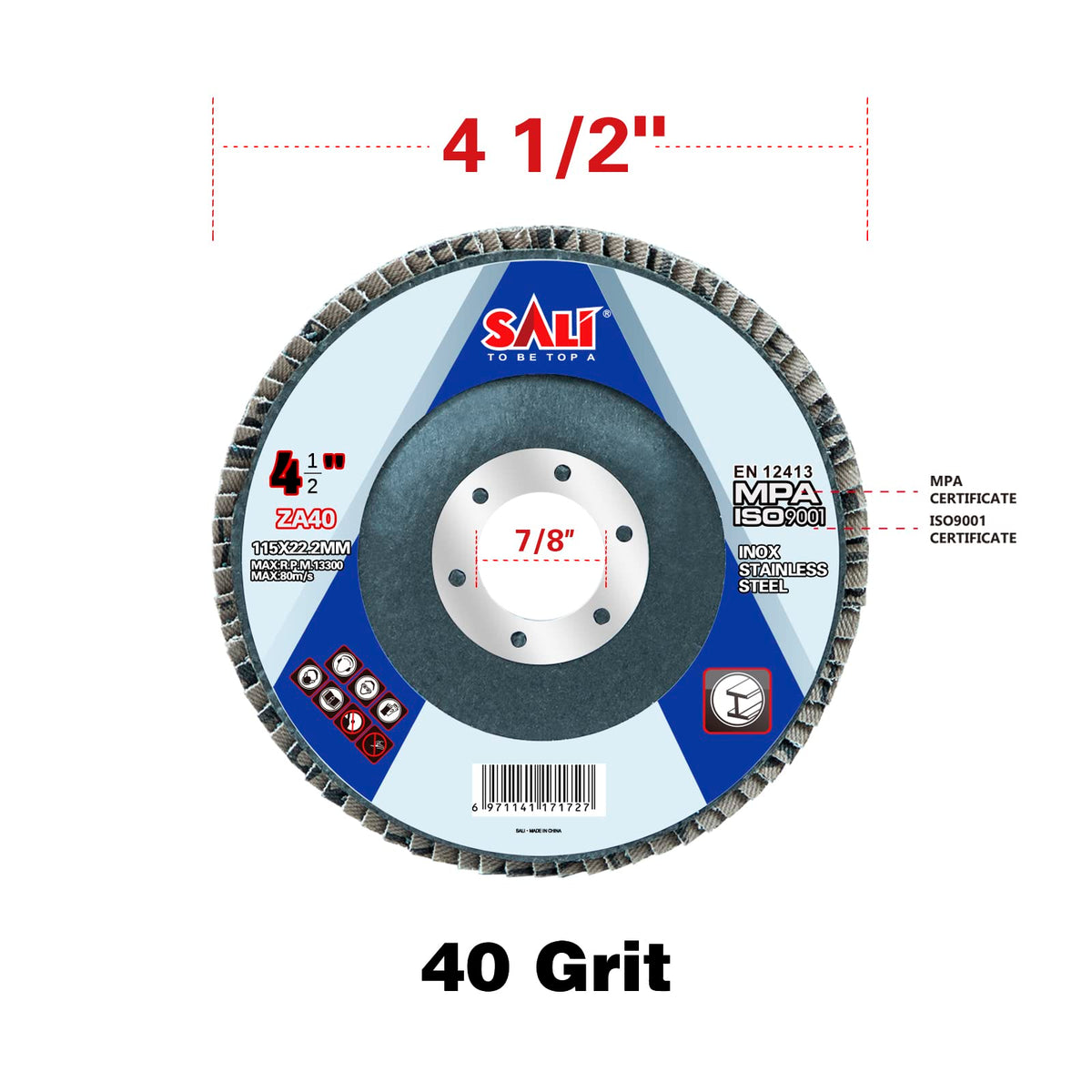 Sali 100 Pack Zirconia Flap Disc 40 Grit 4.5" x 7/8-Inch Sanding Disc Bevel Type #29 Premium and Industrial Grade Angle Grinder Grinding Wheel High Performance Edge Grinding