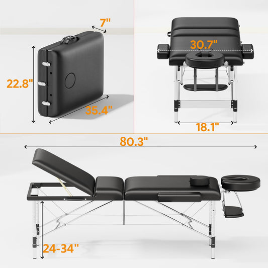 Brelley 3 Sections Aluminum Adjustable Massage Table Portable 22.8" W Black Aluminum Frame Adjustable Height, Professional Esthetician Lash Spa Tattoo Bed, 490Lbs Load Capacity, with Carrying Bag