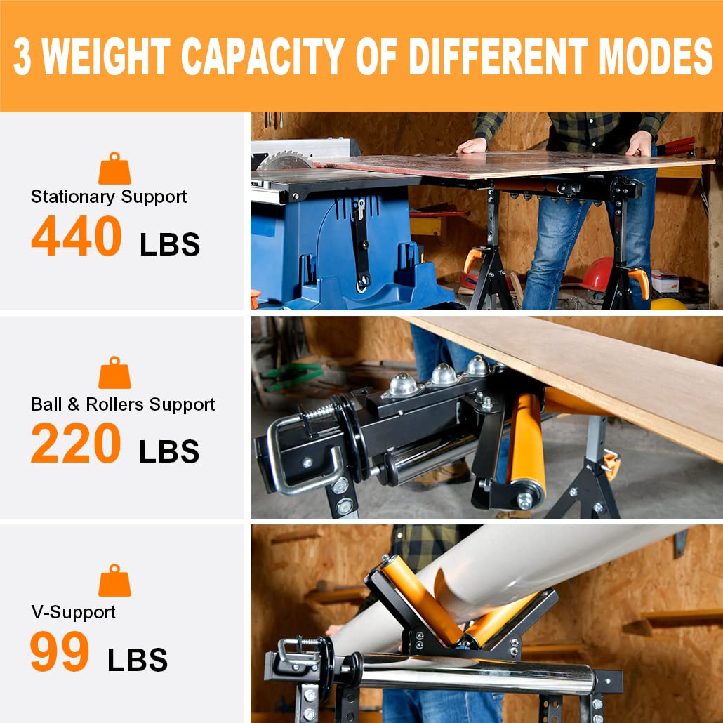 WORKESS 4 in 1 Roller Stand, Stable 440 Lbs Load Capacity with Saw Horses, V-Shaped, Multi-Directional Rollers & Outfeed Roller, Adjustable Height 33”- 50”, Folding for Woodworking