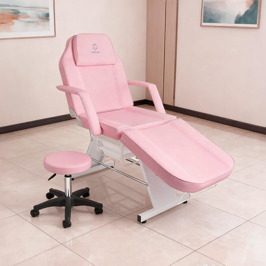 Facial Chair,73″ Tattoo Chair for Client,3-Section Adjustable Massage Table with Stool,Multipurpose Beauty Beds Salon Equipment for Esthetician,Tattooshop,Spa (Pink)
