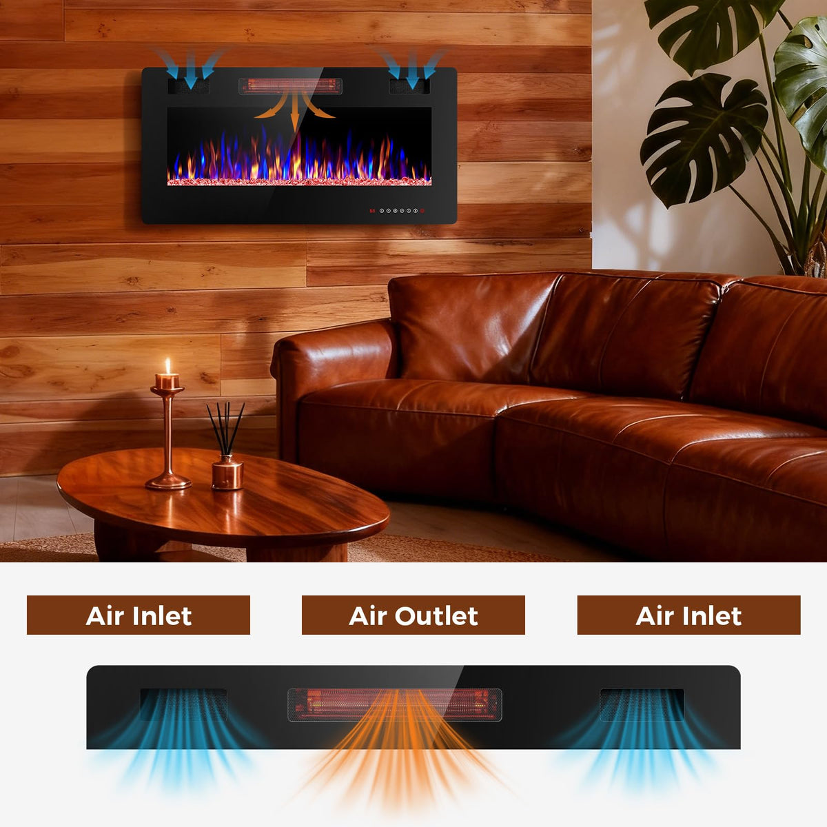 Electactic 36 Inch Electric Fireplace Insert Ultra-Thin - Recessed & Wall-Mounted Fireplace Heater with Thermostat, Adjustable Flame, Remote Control - Linear with Timer, Touch Screen, 750/1500W