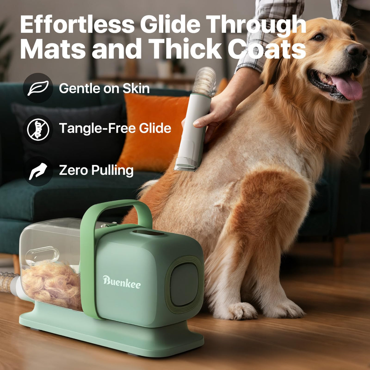 Buenkee Dog Grooming Vacuum Kit, 15000Pa Clipper, Shedding Brush, 2L, Green Brush, trim and deshed at home with less flying fur, mess-control suction and fewer emptying breaks during longer sessions
