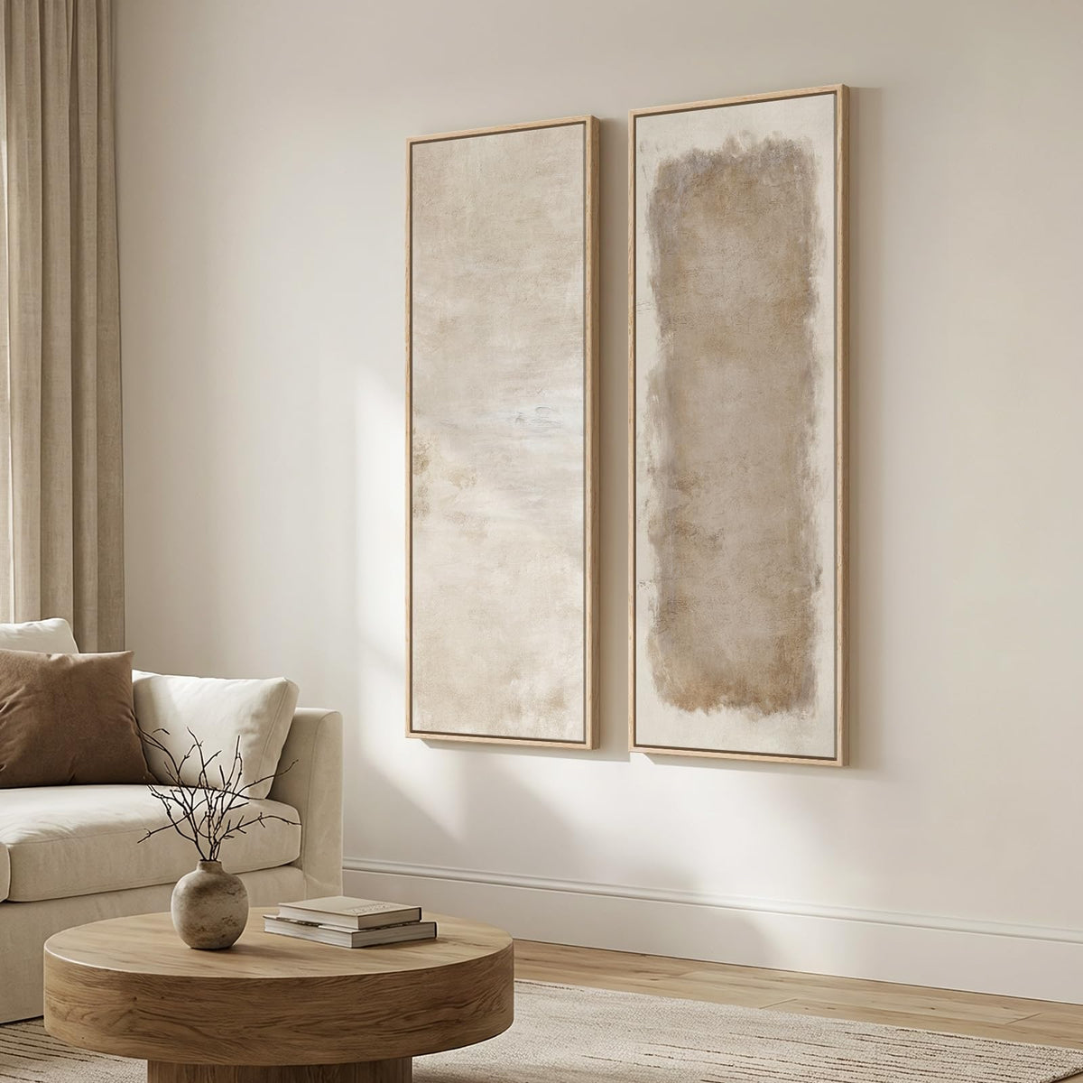 Large Framed Beige Cream Abstract Vertical Wall Art for Hallway, 2 Piece Long narrow, Large size, Canvas prints, Neutral minimalist pictures, Vertical, Wood frame, Living room,Entryway wall decor