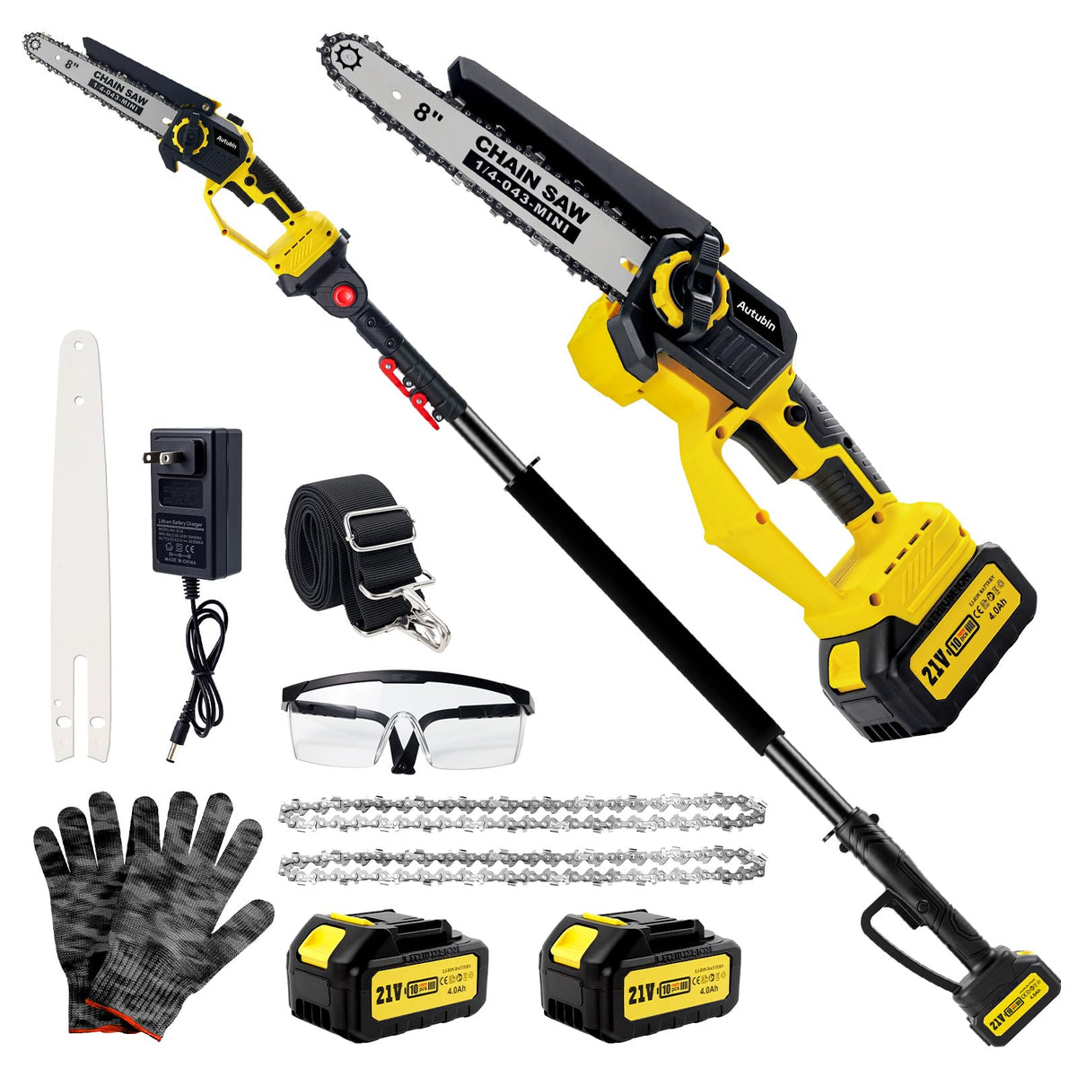 Brushless 2-IN-1 Cordless Pole Saw & Mini Chainsaw, 8 Inch Max Reach 16 Ft 2× 21V 4.0Ah Battery, Electric Pole Saw for Tree Trimming, Pole Saw Battery Powered for Branch Cutting