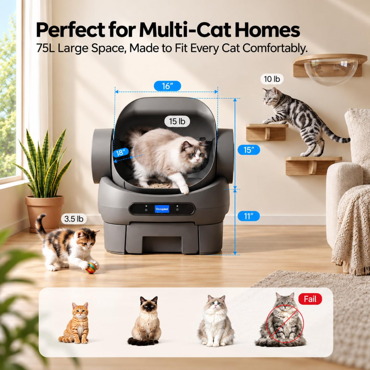Open-Top Automatic Cat Litter Box, Self Cleaning Litter Box for Multiple Cats, 10 Safety Sensors, Large Capacity with APP Control, Noise&Odor Control Robot, LED Display, Hands-Free