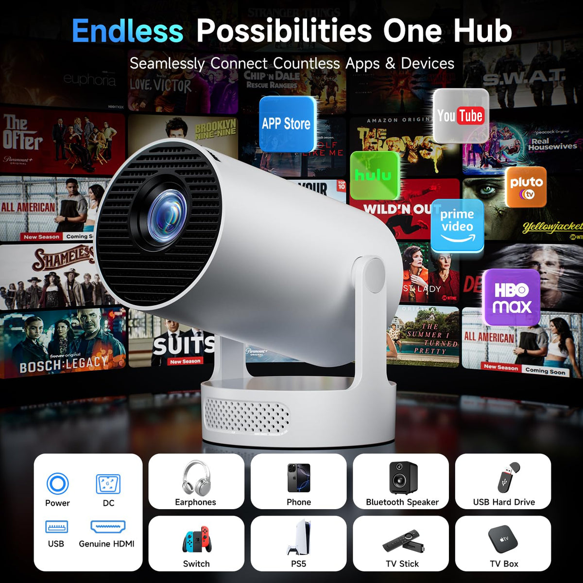 Mini Projector with WiFi 6 and BT 5.4, Built-in Apps 2026 Upgraded 1080P/4K Support, 180° Rotation, Wi-Fi 6 & Bluetooth 5.4, Automatic Keystone Correction, Fast Focus, 25 dB for home cinema