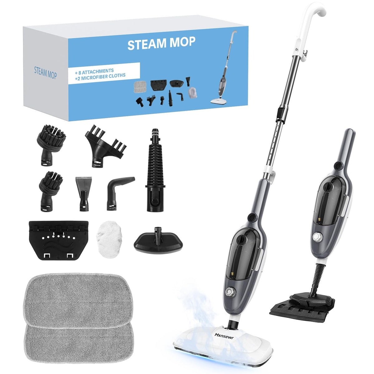 Steam Mop 11-in-1 Handheld Detachable Adjustable Steam Cleaner, Gray 23FT Cord 260℉ Rapid Heat Up Steamer, 450ml Removable Watetr Tank for Hardwood Floors, Clothes, Windows, Tiles, Carpet