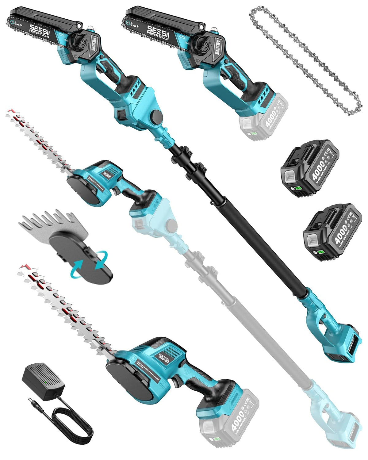 SEESII 6-in-1 Cordless Pole Saw & Hedge Trimmer Combo, Brushless Motor Electric Mini Chainsaw with 2×4.0 Ah Batteries, Extendable Tree Pruner, Bush Trimmer Limb Branch Cutter, Grass Shears
