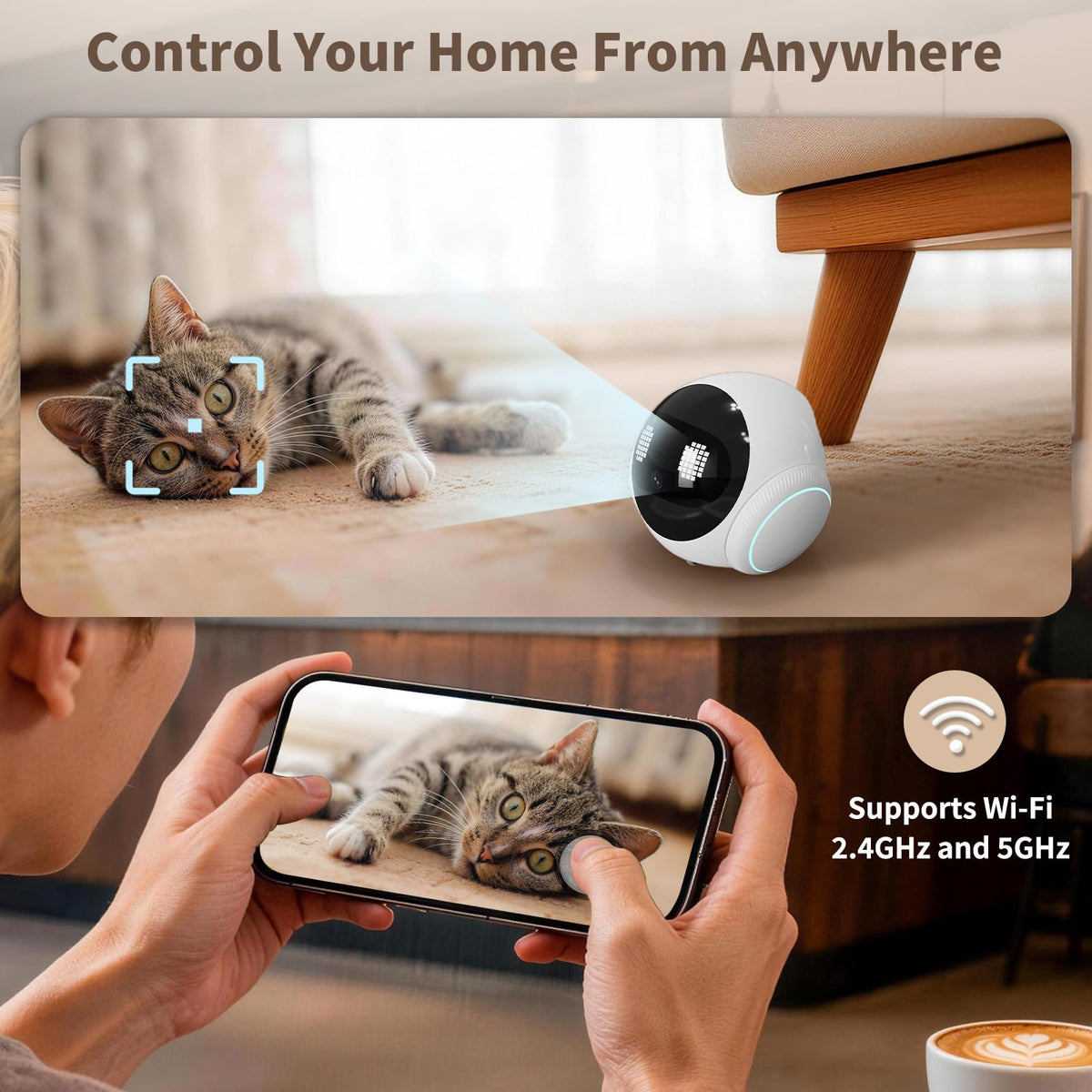 Small 1080P Mobile Pet Robot Camera with App Control, White Smart Home Companion Camera, Auto Tracking, Two-Way Audio, Night Vision, Auto-Recharge, Long Distance Gift for Family
