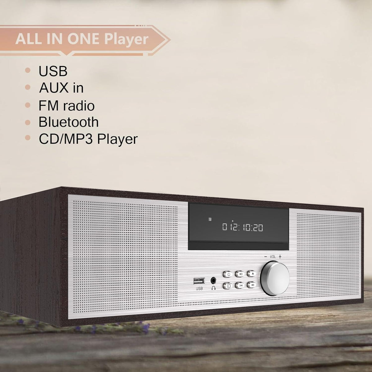 LONPOO Bluetooth Stereo System for Home, 40W CD Player with Speaker DSP Enhanced Audio, Real Wood Enclosure,12mm Thick MDF, Aluminum Panel, 3" Woofer, Preset 20 Programmable FM Stations,Silver