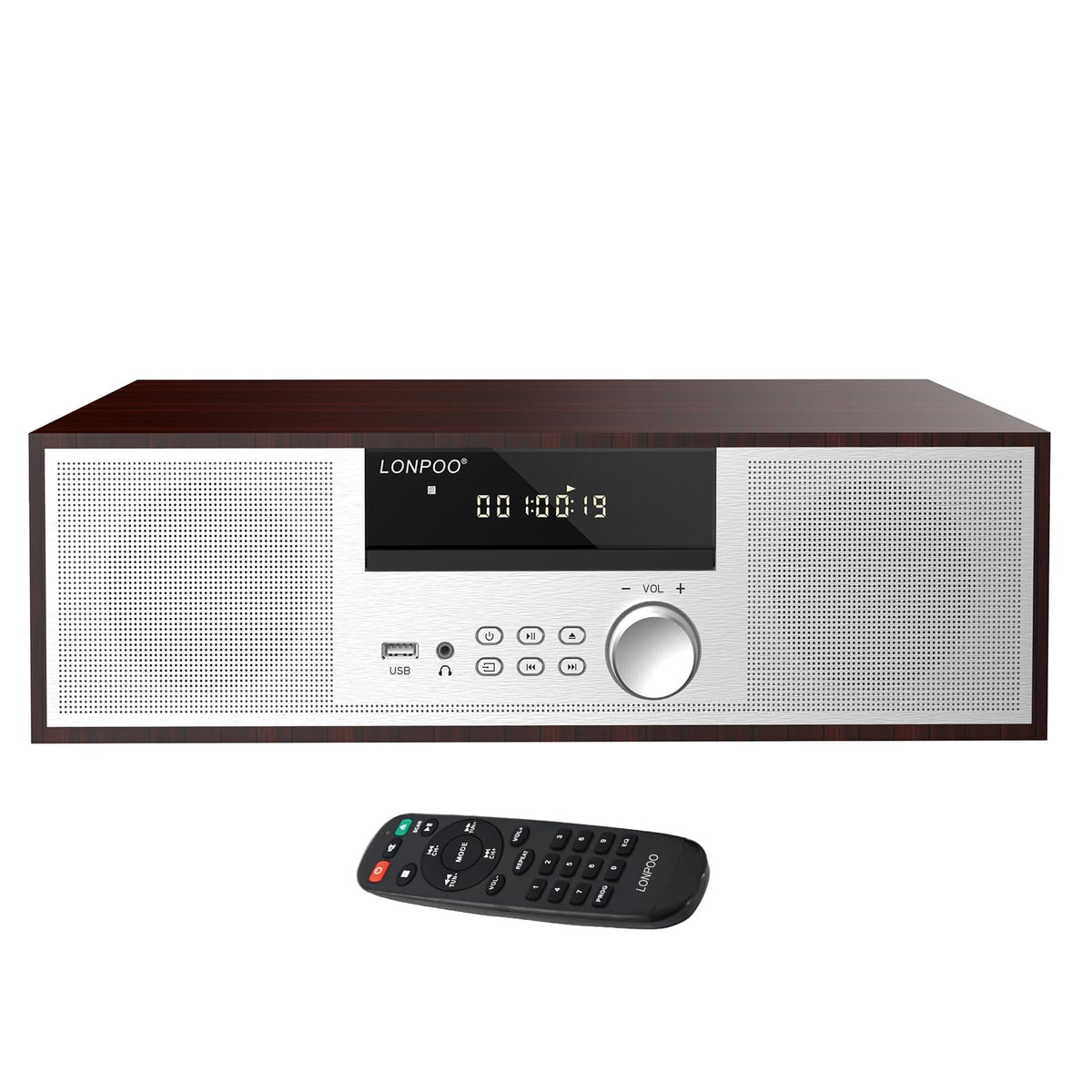 LONPOO Bluetooth Stereo System for Home, 40W CD Player with Speaker DSP Enhanced Audio, Real Wood Enclosure,12mm Thick MDF, Aluminum Panel, 3" Woofer, Preset 20 Programmable FM Stations,Silver