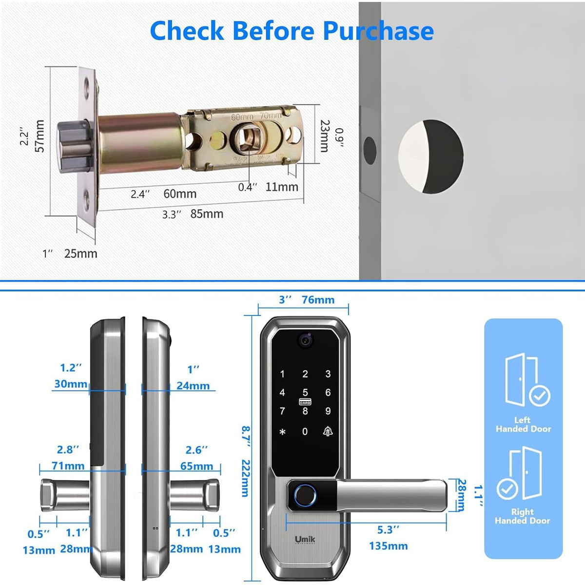 UMIKSMART WiFi Smart Door Lock with Camera, Fingerprint Keypad, App Control Reversible Handle Design Fingerprint, PIN and IC card access with HD camera and remote control