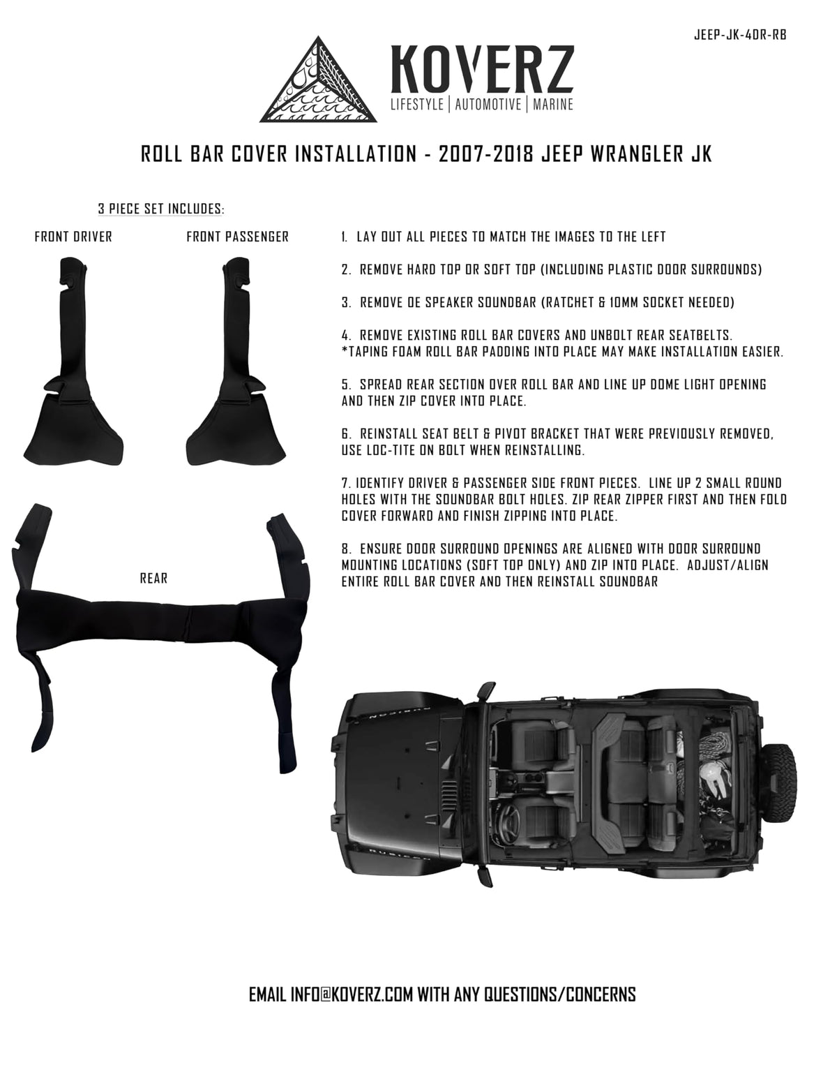 Neoprene Roll Bar Cover Padding Compatible with 2-Door Jeep Wrangler JK 2007-2018 - Black