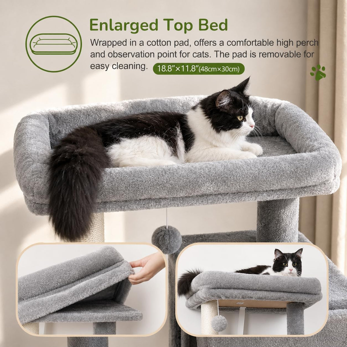 Globlazer Cat Tree Tower with Scratching Post for Indoor Cats, F53 53in Space-Saving Multi-Level Climbing Tower with Large Hammock, Spacious Cat Condo House, Padded Top Perch, Light Grey