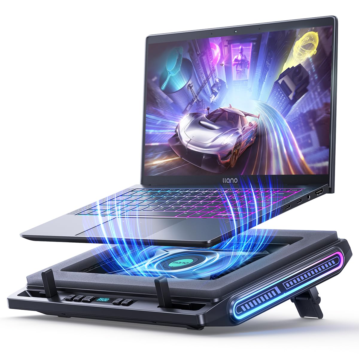 llano V10 Gaming Laptop Cooling Pad, RGB Laptop Cooler Stand Laptop Fan Powerful 4.72 Inch Turbo Cooling Fan, Fast Cooling Computer 13-17.3in, Button Control, 3 Adjustable Stand, 4-Port USB C&A