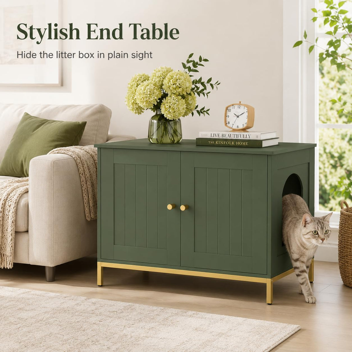 Homhedy 28.3" L Cat Litter Box Enclosure with Metal Frame, Green and Gold Hidden Litter Box Furniture, Cat House, Pet Storage Cabinet, Fit Most of Litter Box, End Table, Morden Style