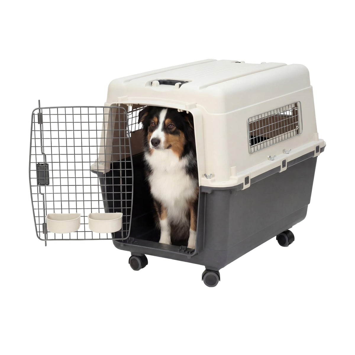 SportPet Airline Compliant LARGE 31.5" Travel Dog Kennel-Durable Plastic Airline Pet Carrier w/ Removable Wheels & Food Bowls, Collapsible Indoor/Outdoor Dog Kennel, Dogs up to 28"L & 20"H-Cream/Gray