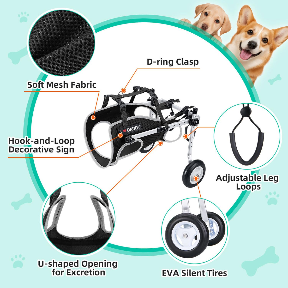 Nasjac Dog Wheelchair for Back Legs - Lightweight Portable Wheel Chair Adjustable Pet Wheel Cart with Reflective Stripes for Senior, Arthritis, Paralyzed, Injured, or Disabled Dogs