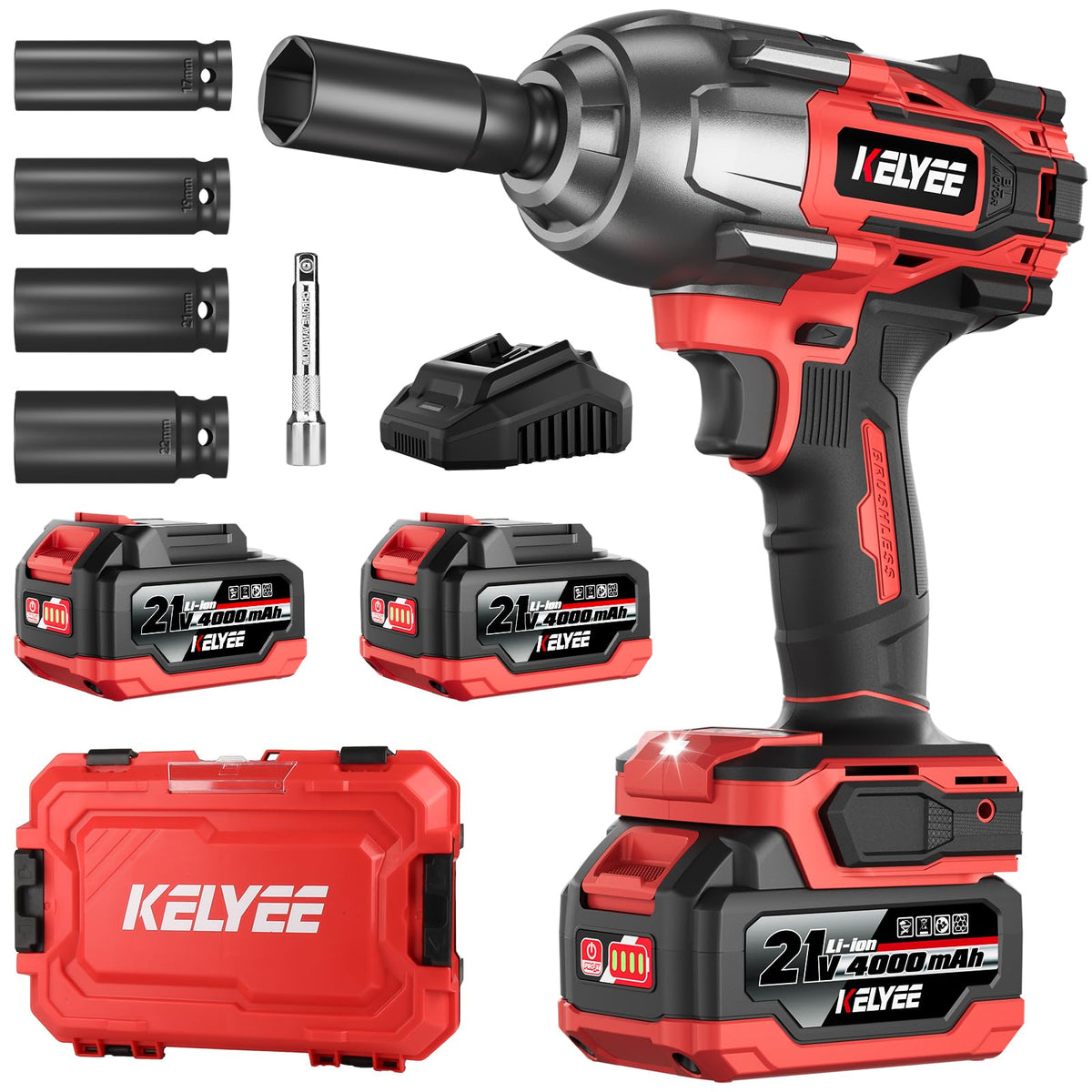 1/2" Cordless Impact Wrench 1107Ft-lbs(1500N.m) with 21V 2 Battery Brushless High Torque 1/2 Impact Gun , 3-Mode Speed, Electric Impact Driver with 4 Socket for Home Car Pickup Truck RV Mower