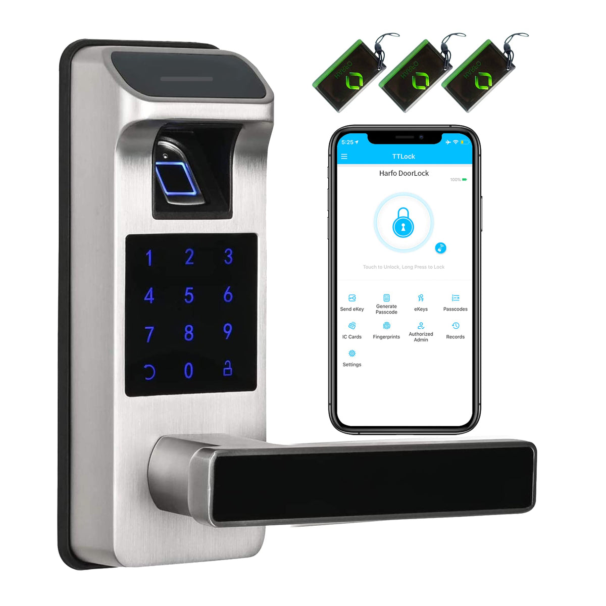Smart Door Lock, Heavy Duty 5 in 1 Keyless Entry Door Lock, Full App Digital Keypad Lock, Reversible Handle with Fingerprints and Passcodes for Family/Office/Apartment (Satin Nickel)