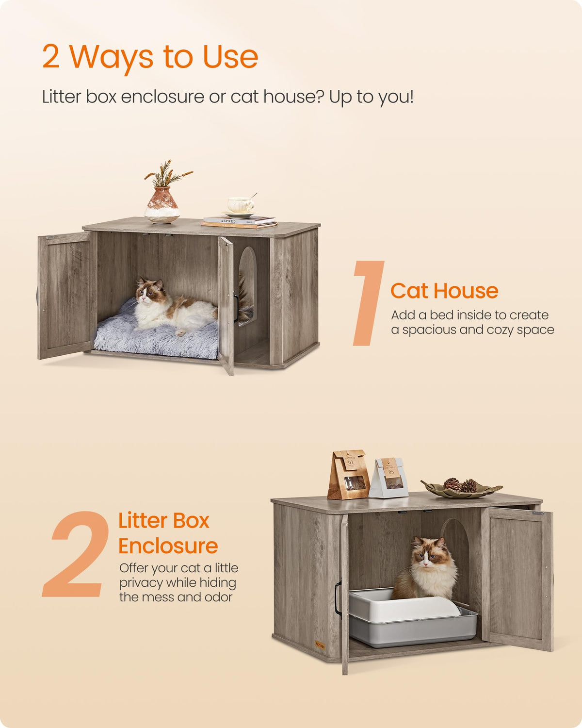 Feandrea Double Cat Litter Box Enclosure for 2 Cats, Front Entry 33.5 x 19 x 19.5 Inches, Farmhouse Furniture, Cat House, Side End Table, TV Stand, Heather Greige