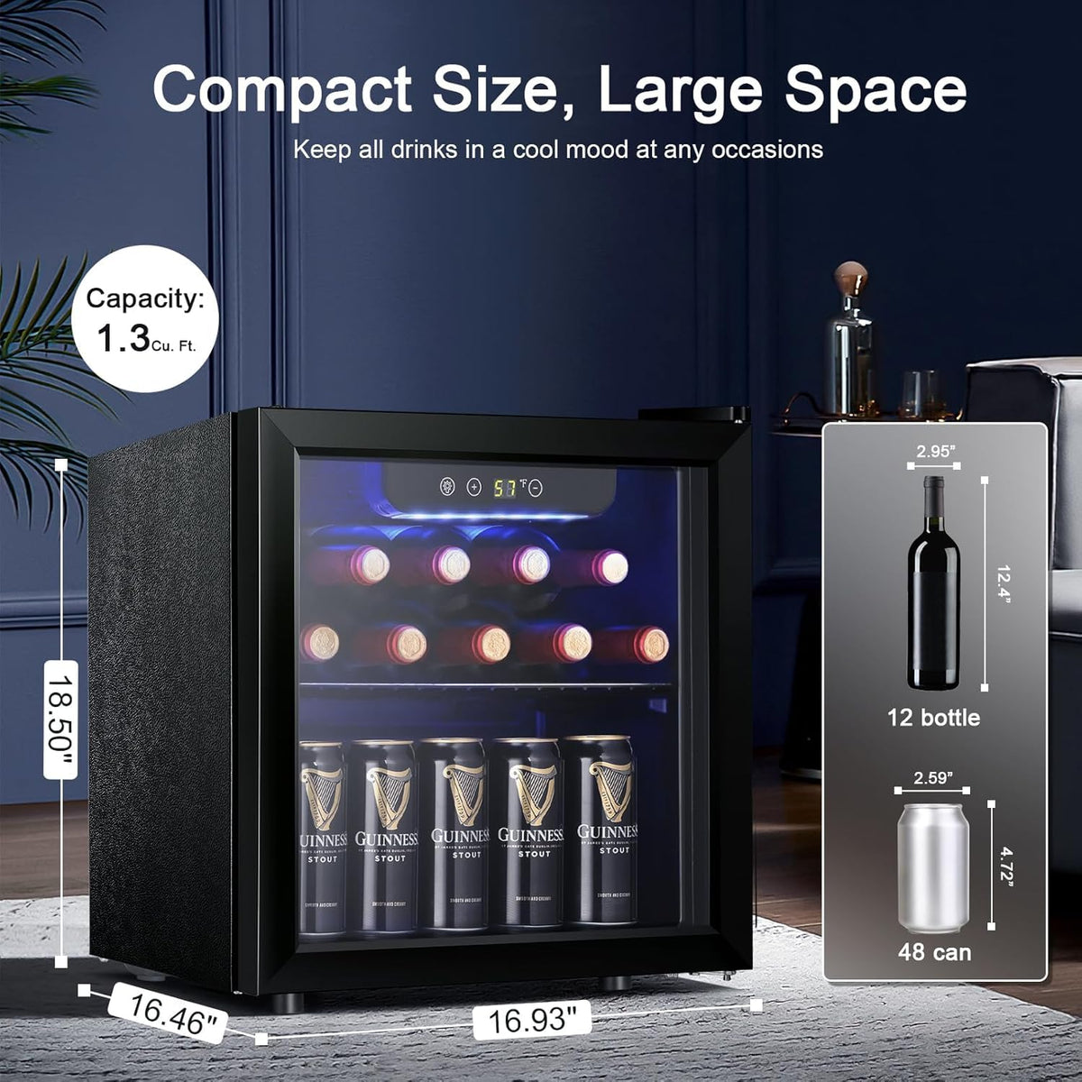 Antarctic Star Wine Cooler Beverage Refrigerator Mini Fridge 1.3 cu.ft 12 Bottle Capacity, Clear Glass Door Quiet Counter Top Cellar for Beer Soda Bar