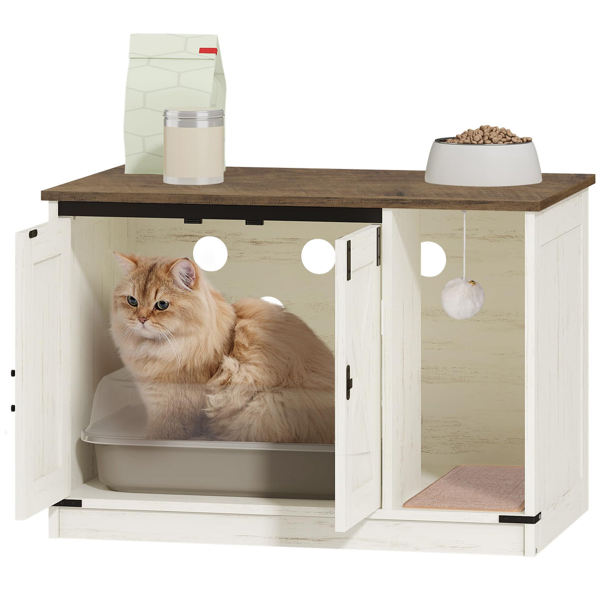 Hzuaneri Cat Litter Box Enclosure, Hidden Litter Box Cabinet Furniture Indoor Cat House with Bell, Farmhouse Style, 31.5 x 19.7 x 20.9 Inches, for Hallway, Bedroom, Rustic Brown and White CB82414X