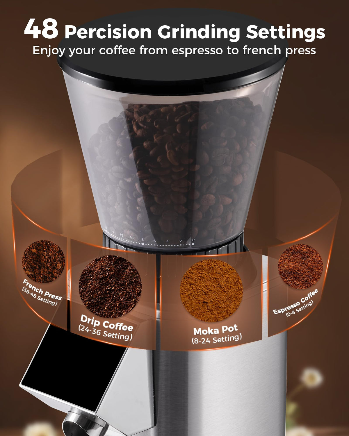 Tuni G1 Conical Burr Coffee Grinder with 48 Grind Settings, Silver Anti-static Burr Espresso Mill, Electronic Timer and LED Touchscreen for Drip/Cold Brew/French Press, Stainless Steel