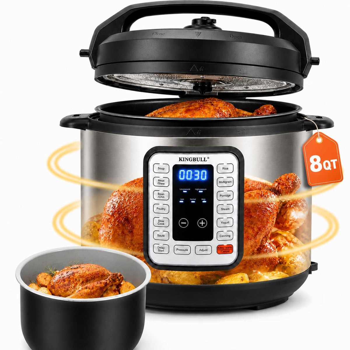 KINGBULL 8QT Electric Pressure Cooker, 12-in-1 Stainless Steel Multi Cooker with Nonstick Inner Pot, Slow Cooker, Rice Cooker, Steamer, Sauté, Yogurt Maker, Warmer, Delay Start